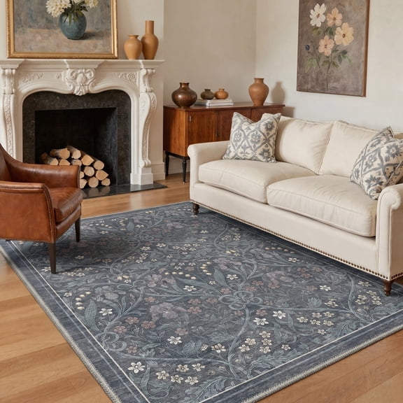 GENIMO 5'x7' Area Rug for Living Room, Washable Non Slip Soft Vintage Floral Rug for Bedroom Dining Room Home Office, SlateBlue