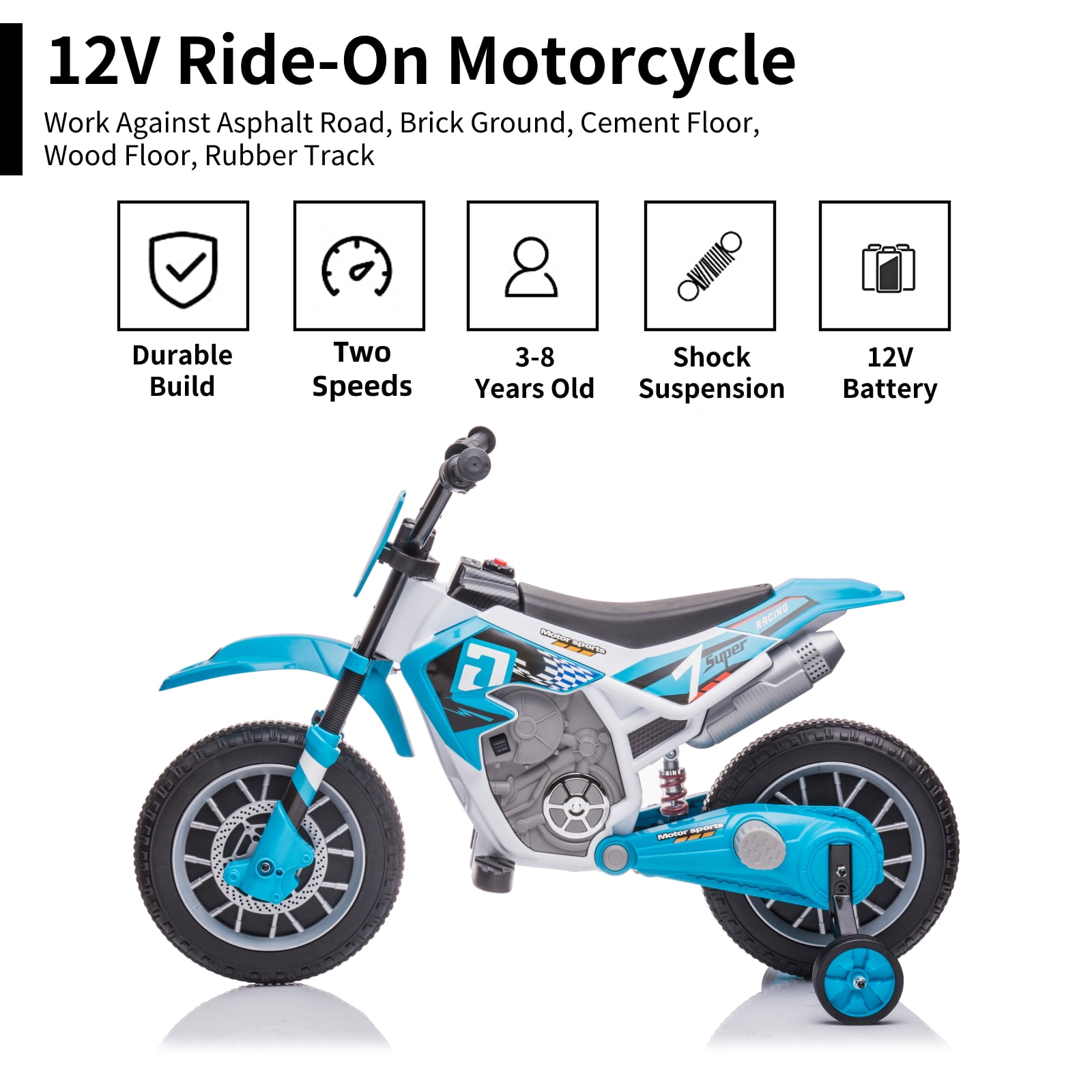 FINITO 12V Kids Ride on Motorcycle, Battery Powered Car Toy with 2 Training Wheels Electric Motorbike Gift for Boys Girls Age 3+, Blue