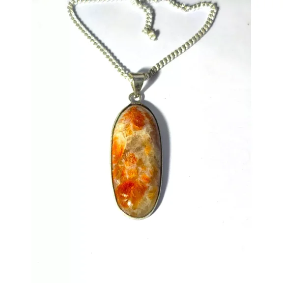 ROYALGEMSTONE Natural Orange Sunstone Oval Pendant Necklace, Sterling Silver Chain