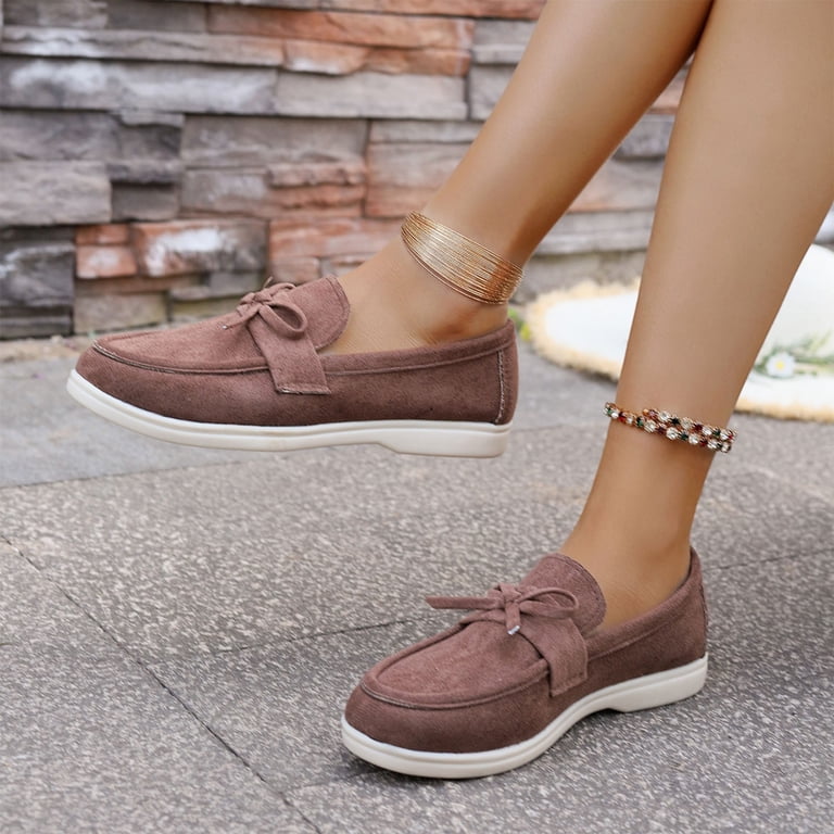 Tawop Womens Shoes Womens Dress Shoes Work Shoes Flats Round Toe Casual Loafers Slip On Bow Fall Brown 5.5