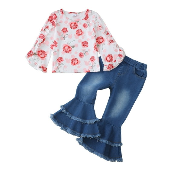 2T Baby Girls Clothes 3T Girls 2PCS Denim Outfits Set Flower Print Toddler Girls Long Sleeve Crew Neck Top Denim Pants Set Pink