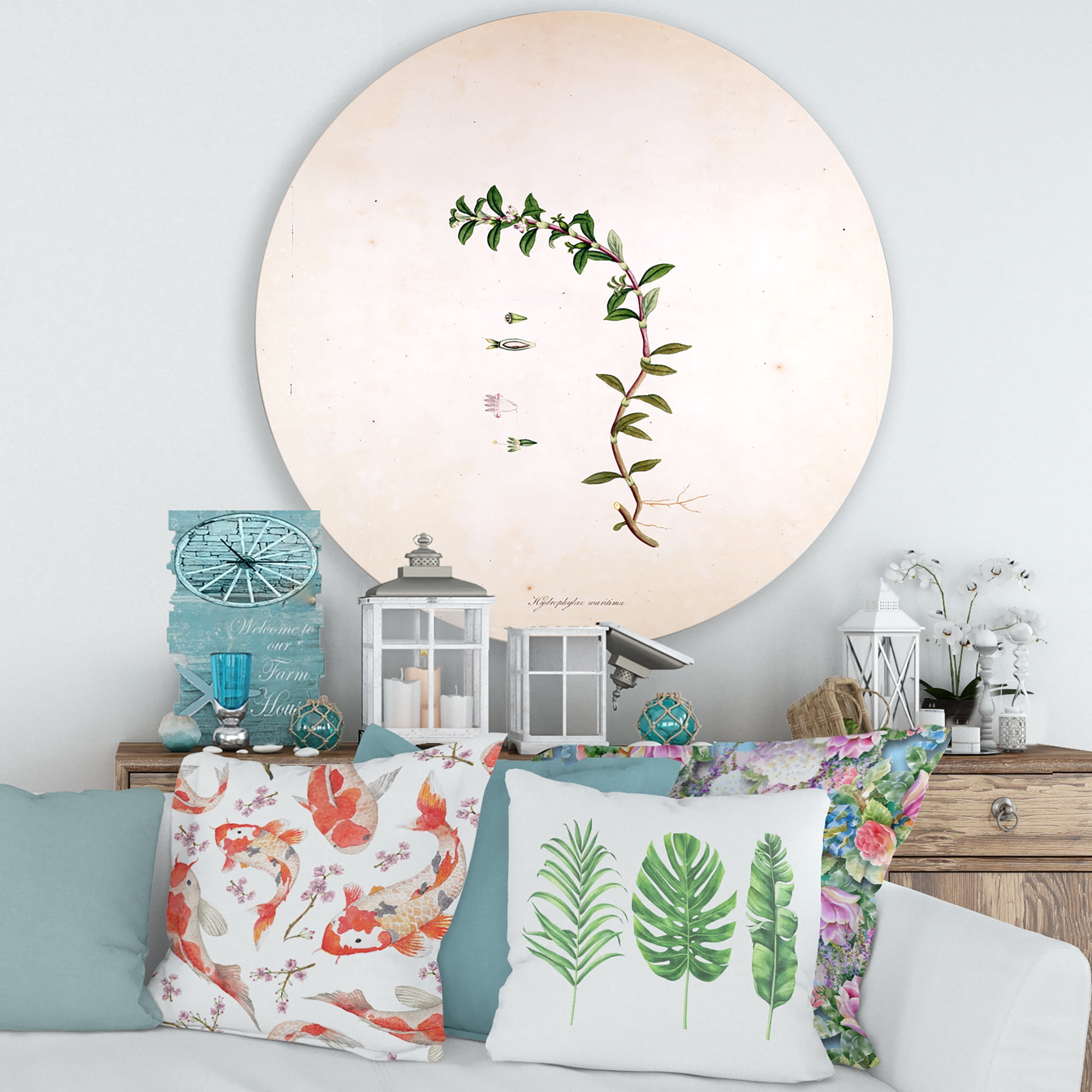 Designart 'Ancient London Plants II' Farmhouse Circle Metal Wall Art 36x36 - Disc of 36