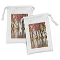 thumbnail image 1 of Autumn Fabric Pouch Set of 2, Fall Season River with Trees Colorful Pinkish Foliage Nature Photography, Small Drawstring Bag for Toiletries Masks and Favors, 9" x 6", Brown and Magenta, by Ambesonne, 1 of 2