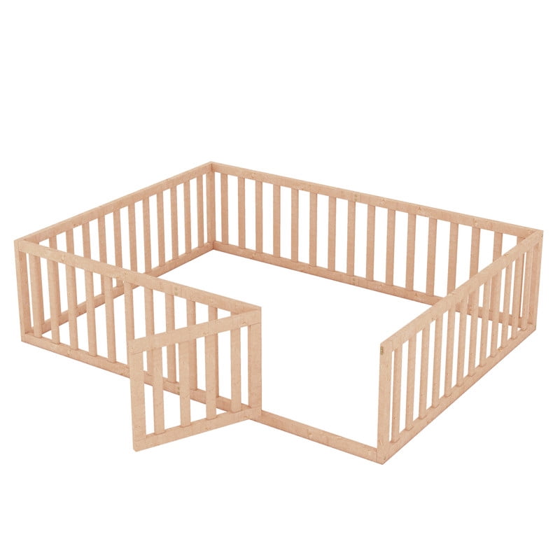 Queen Size Floor Bed Montessori Bed with Fence Guardrails and Door, Wooden Toddler Bed Playhouse Bed Platforn Bed for Boys Girls, No Slats