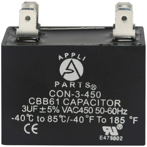 Appli Parts Fan Capacitor 3 mfd (microfarads) uf 450 VAC with 4 Terminal Connections compatible with any brand within the same range of capacitance 1-1/2in Width 3/4in Depth 1-1/2in Height CAP-3-450
