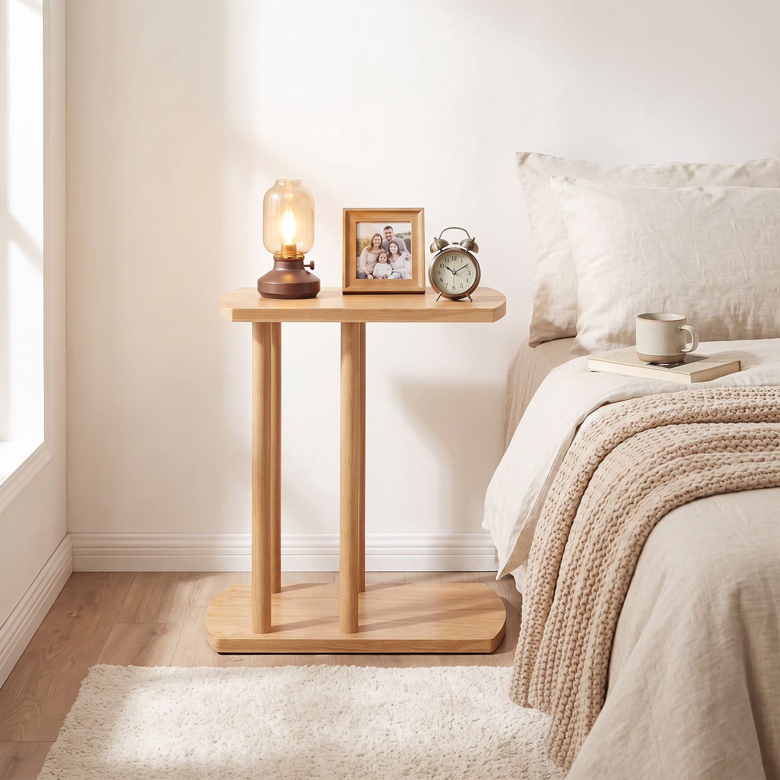 Furnibear Narrow 2 Tier C Shaped Teak Wood Side Table with Thickened Top and Sturdy Base for Sofa Couch Bed and Small Living Room, Natural