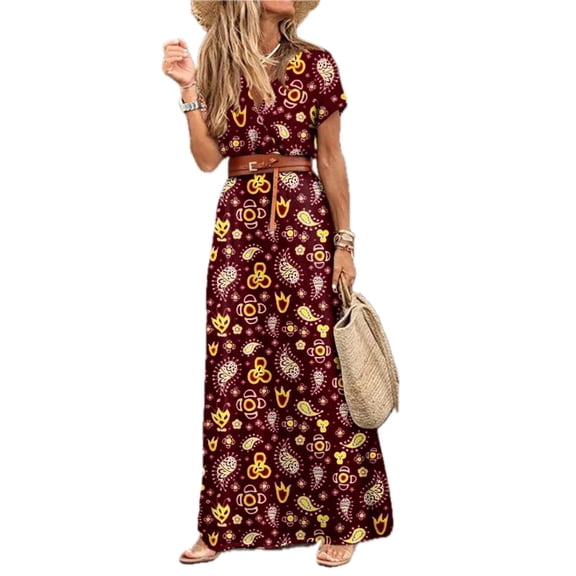 Women's Printed V Neck Short Sleeve Maxi Dress Belted with Pockets Plus Size Full Length 100% Polyester Fabric Comfort