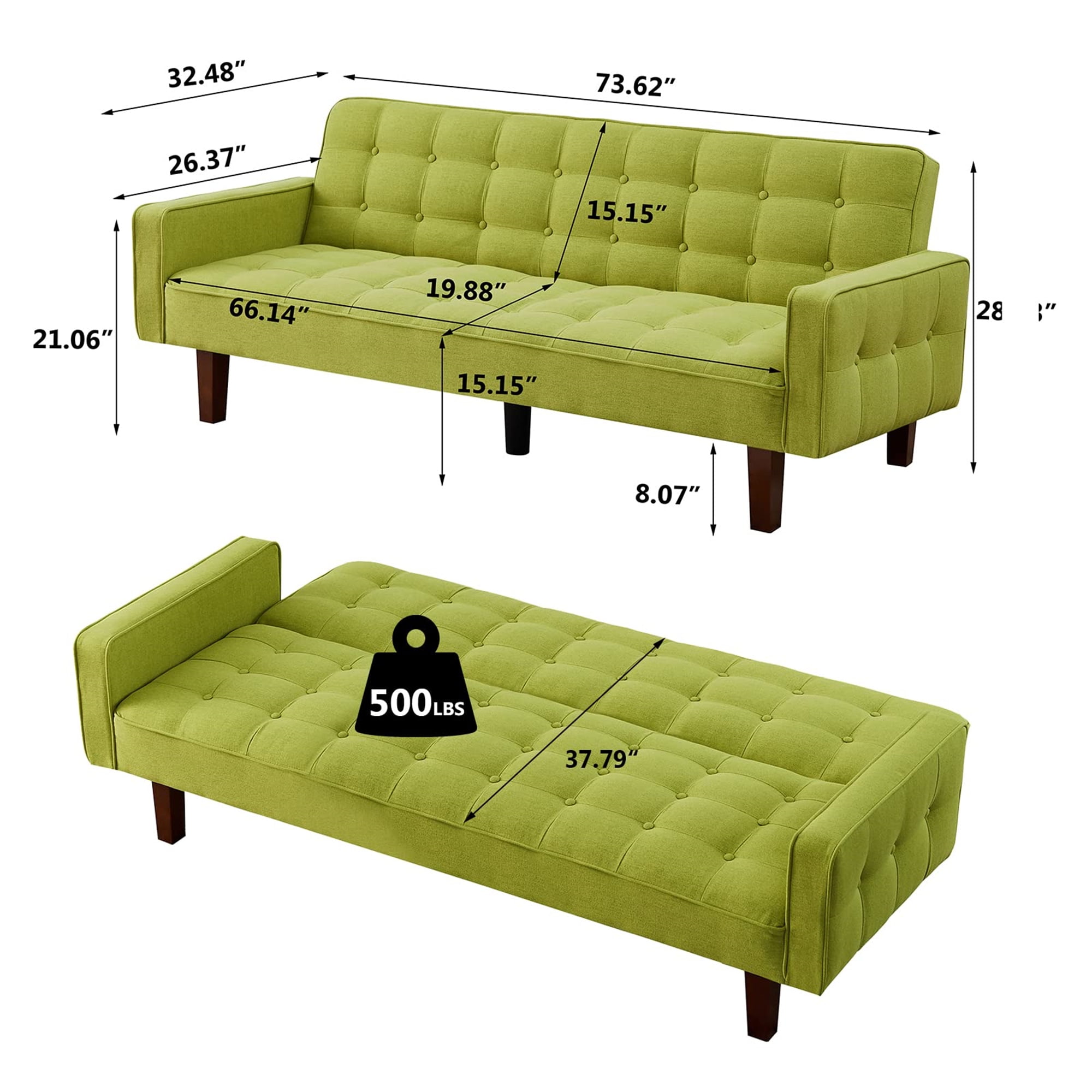 Aukfa 74" Square Arm Futon Convertible Sofa Bed for Home Office, Button-Tufted Back, Light Green