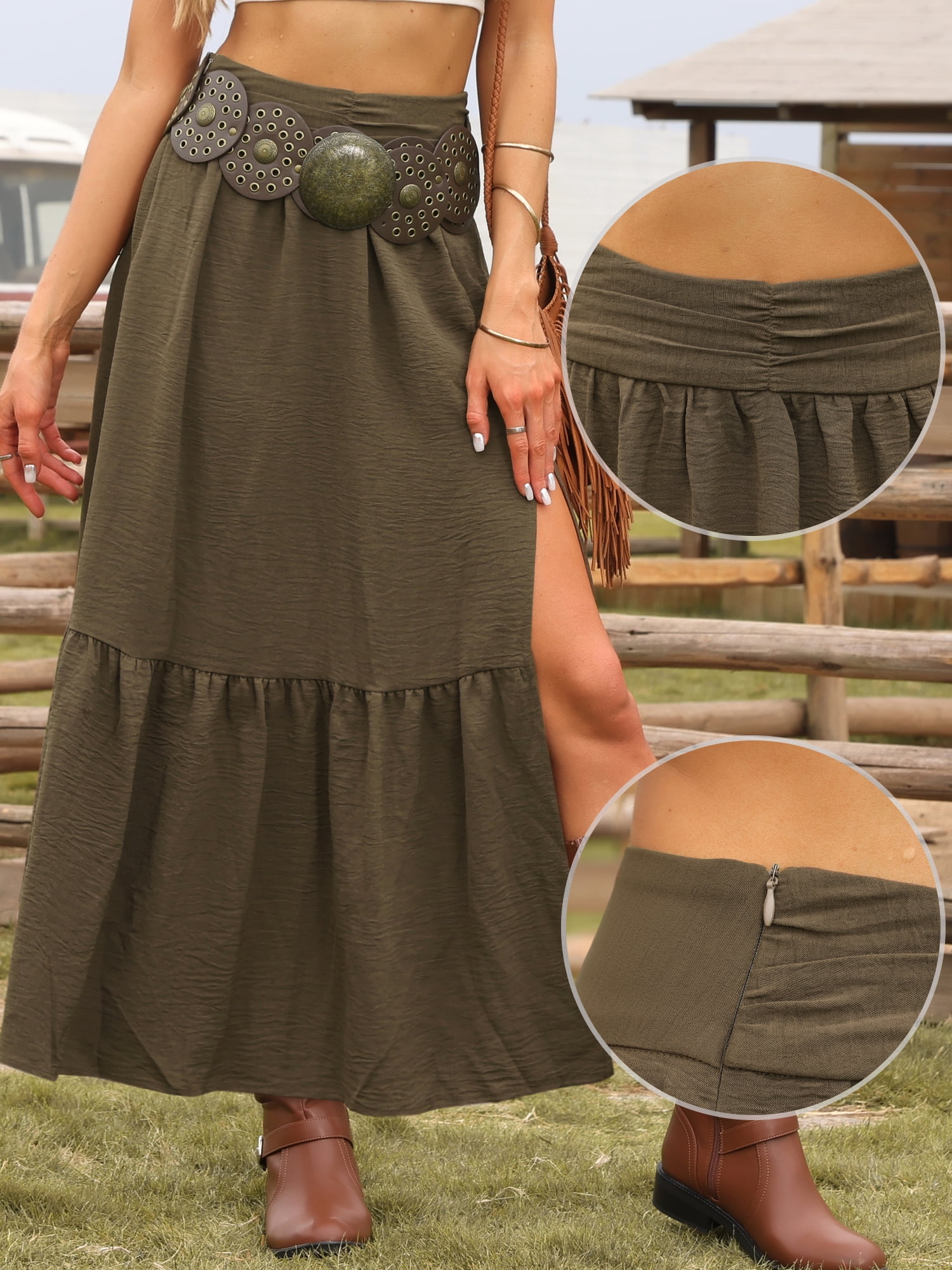 DARING DIVA Women's Summer High Waisted A Line Casual Long Maxi Skirts Large Brown