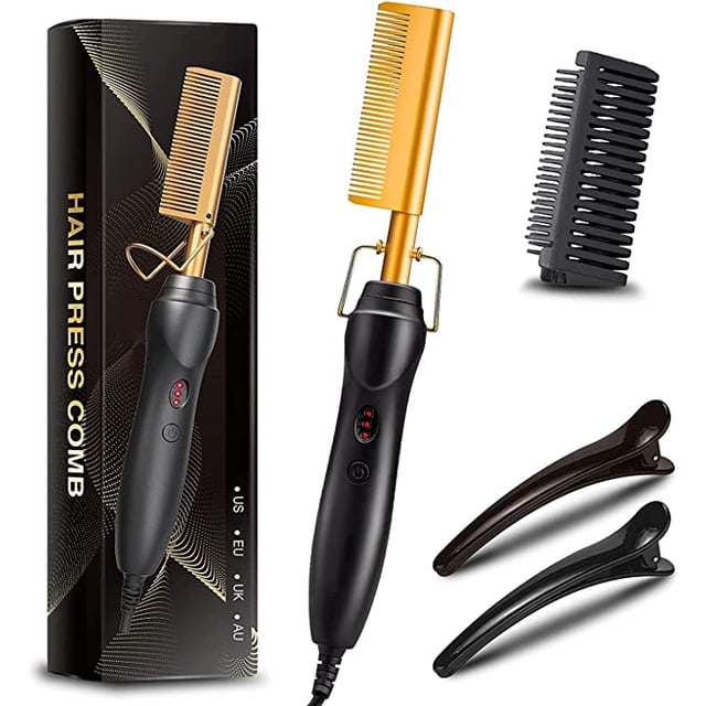 Peine eléctrico calentado, peine alisador de alta temperatura de 450 F, peine prensador de cerámica para pelucas de cabello negro, con estuche anti-quemaduras, doble voltaje y apagado automático de 6 JAMW Sencillez