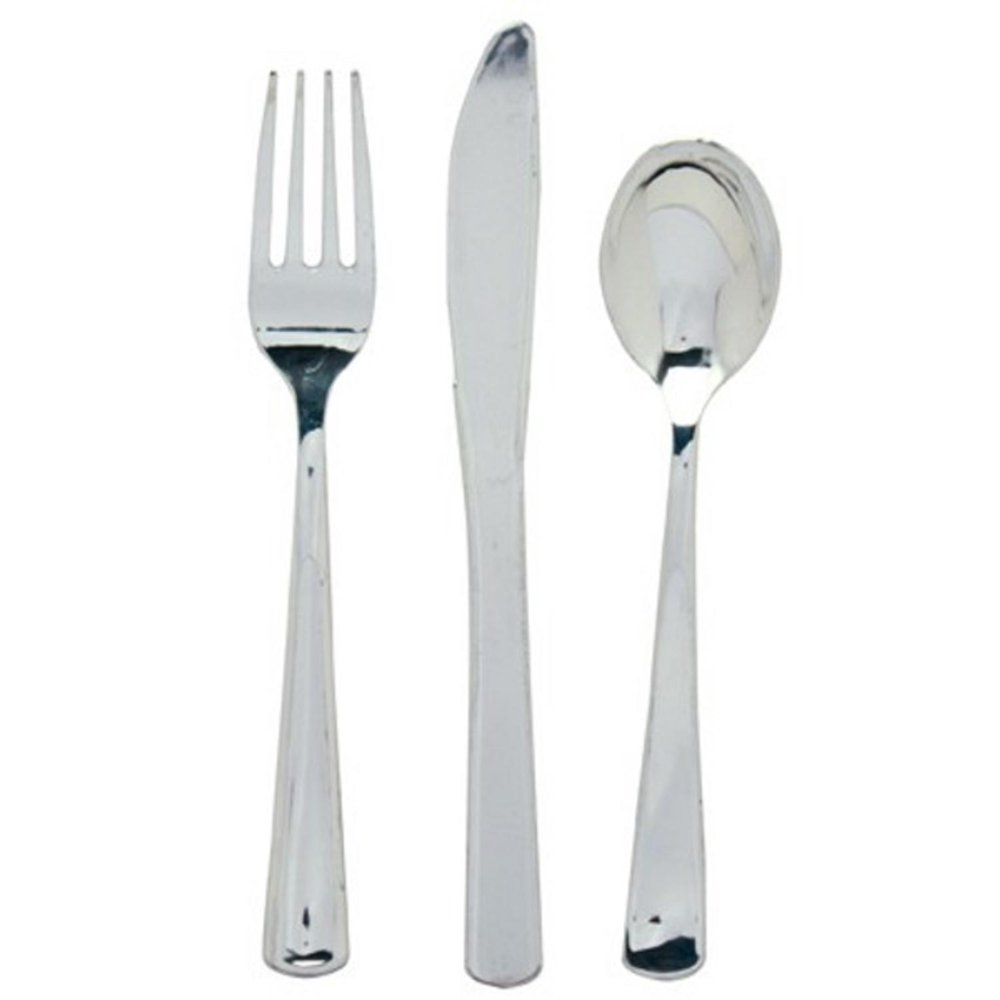 Pack of 288 Silver MetallicLook HeavyDuty Plastic Forks, Knives and