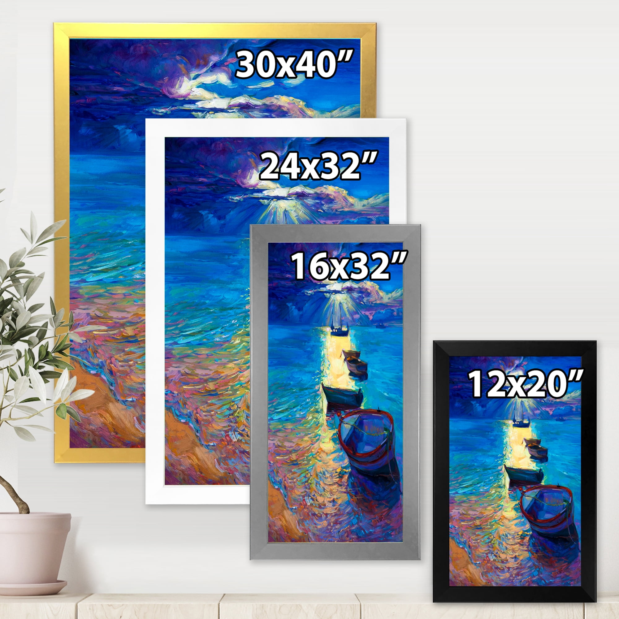 Designart 'Fishing Boats On The Water With Dark Blue Sky Illustration' Lake House Framed Art Print