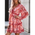 thumbnail image 2 of Womens Spring Summer Deep V Neck Ruffle Long Sleeve Floral Print Mini Dress, 2 of 10