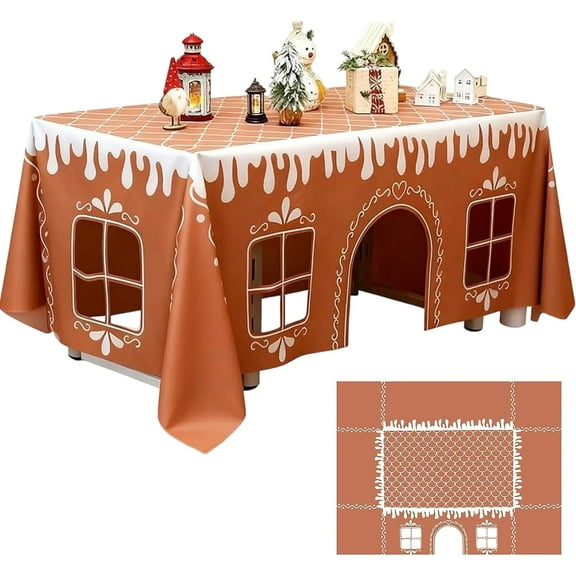 Reusable Gingerbread House Tablecloth, Xmas Playhouse Open Table Tent with Play Tent Cutouts for Holiday Rectangle Table Cloth & Children's Playground for Kids-47x59inch