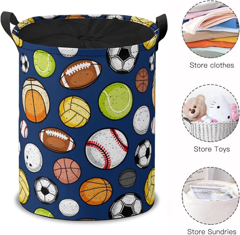Sport Balls Seamless Pattern Laundry Basket Collapsible, Dirty Clothes Laundry Hamper for Bedroom Bathroom College Dorm Nursery Toy Organizer Storage Basket Round Gifts Basket