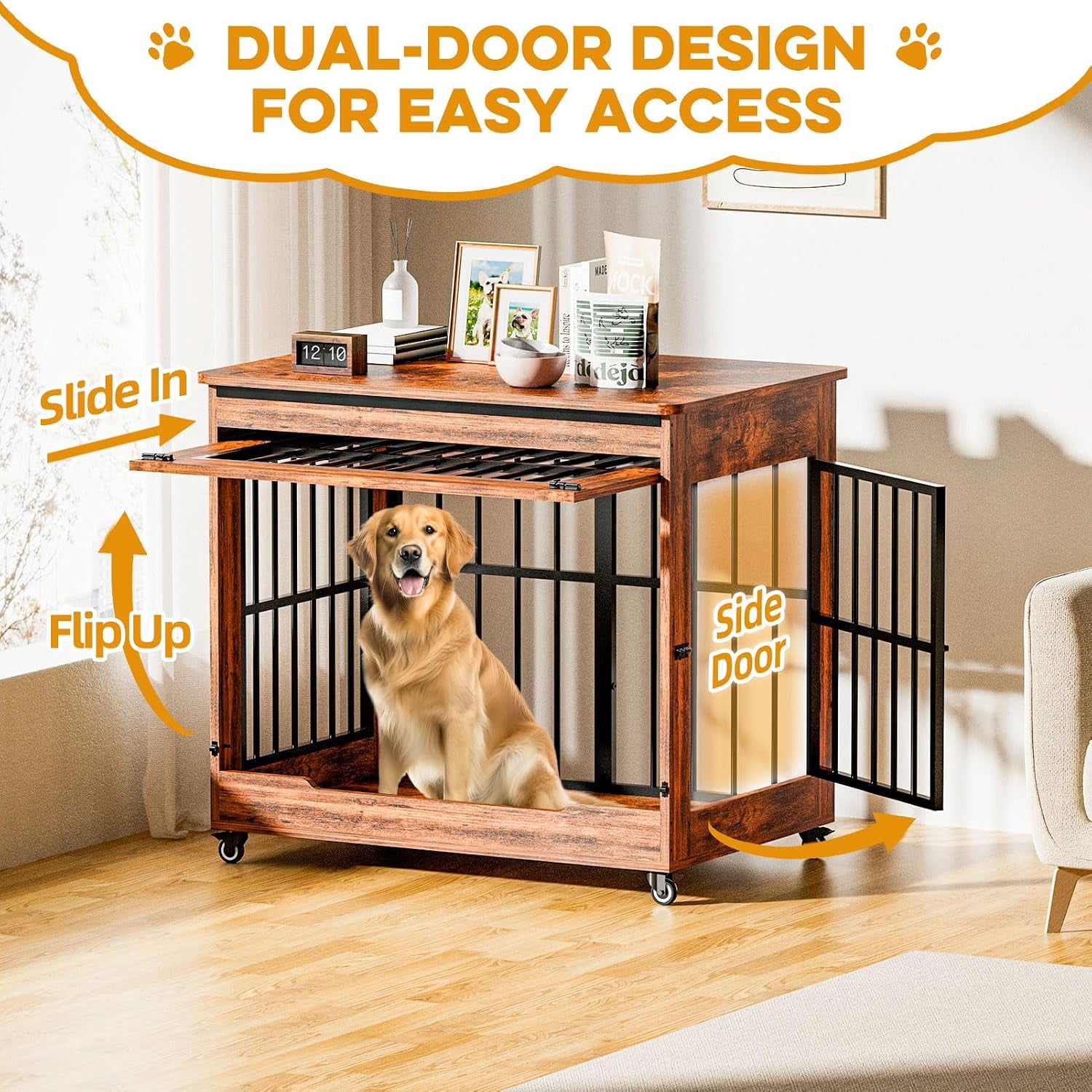 42" Wooden Dog Crate Furniture with Double Door, Lockable Wheels & Blackout Curtain, Decorative Indoor Pet Kennel End Table for Large Breed Dogs, Vintage Brown