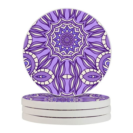 

Circular Drink Coasters Set Purple Mandala Seamless Pattern Beautiful Home Decor Diatomite Heat-Resistant Diatomite Protect Table Countertop