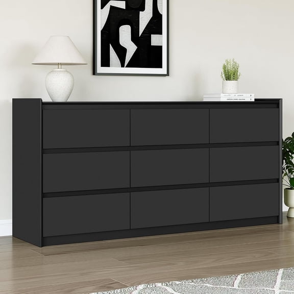Black Dresser for Bedroom, 62" Wide Chest of Drawers, Modern 9 Drawer Storage Organizer for Closet, Hallway, or Living Room
