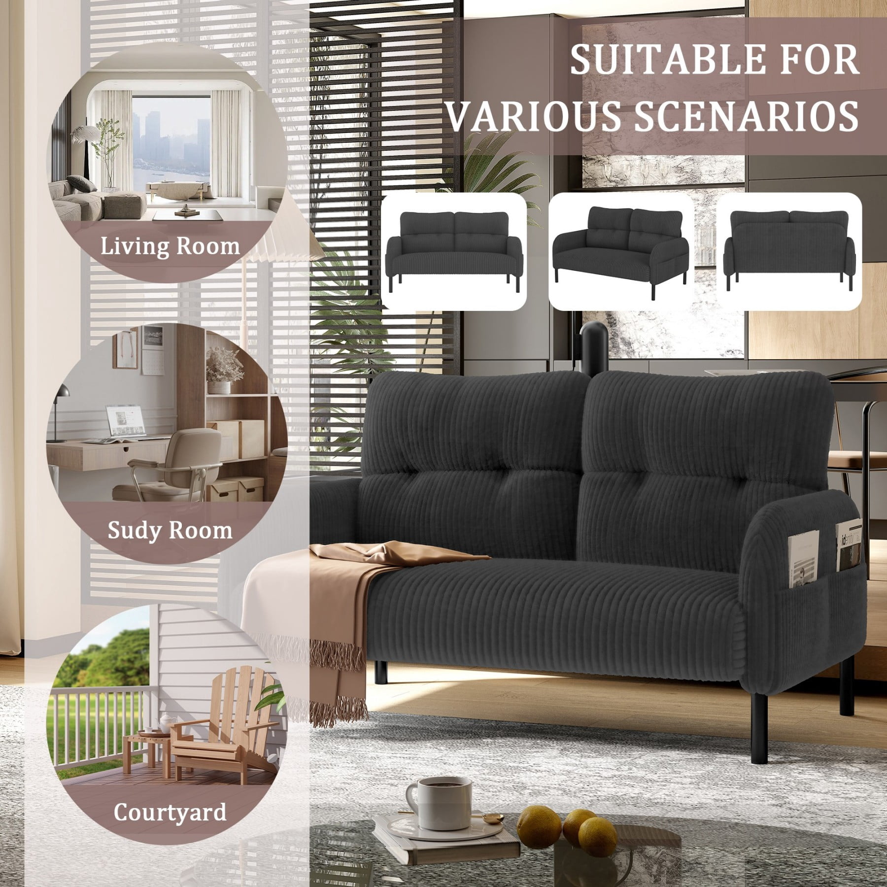 Corduroy Loveseat Sofa, Modern Upholstered Double Sofa Couch with Side Pockets for Living Room Bedroom Apartment, Gray