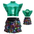 thumbnail image 3 of Doomiva Kids Girl's 2 Pcs Hip Hop Jazz Dance Outfits Sequin Metallic Crop Tops and Culottes Skirts Set Ballet Dancewear Green 12, 3 of 4