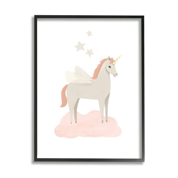 Stupell Industries Unicorn on Pink Cloud Fairy Tales & Fantasy Painting Black Framed Art Print Wall Art, 11 x 14