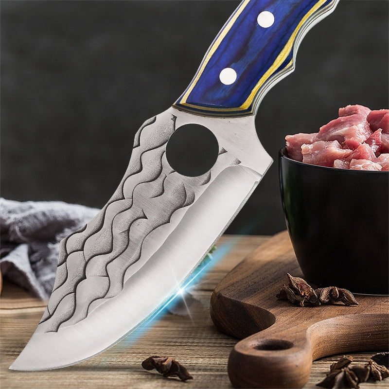 Hand Forged Outdoor Hunting Knife, Blue Wood Handle Survival Knife with Sheath, Full Tang Sharp Fixed Blade Knife for Camping Hiking Daily Use