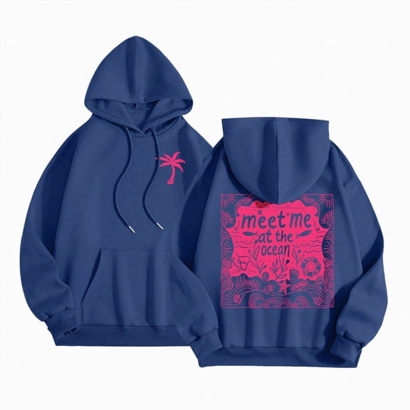 COMVALUE Puff Hoodie for Women, Cute Palm Pink Graphic Pullover Sweatshirt (Navy, XXL)