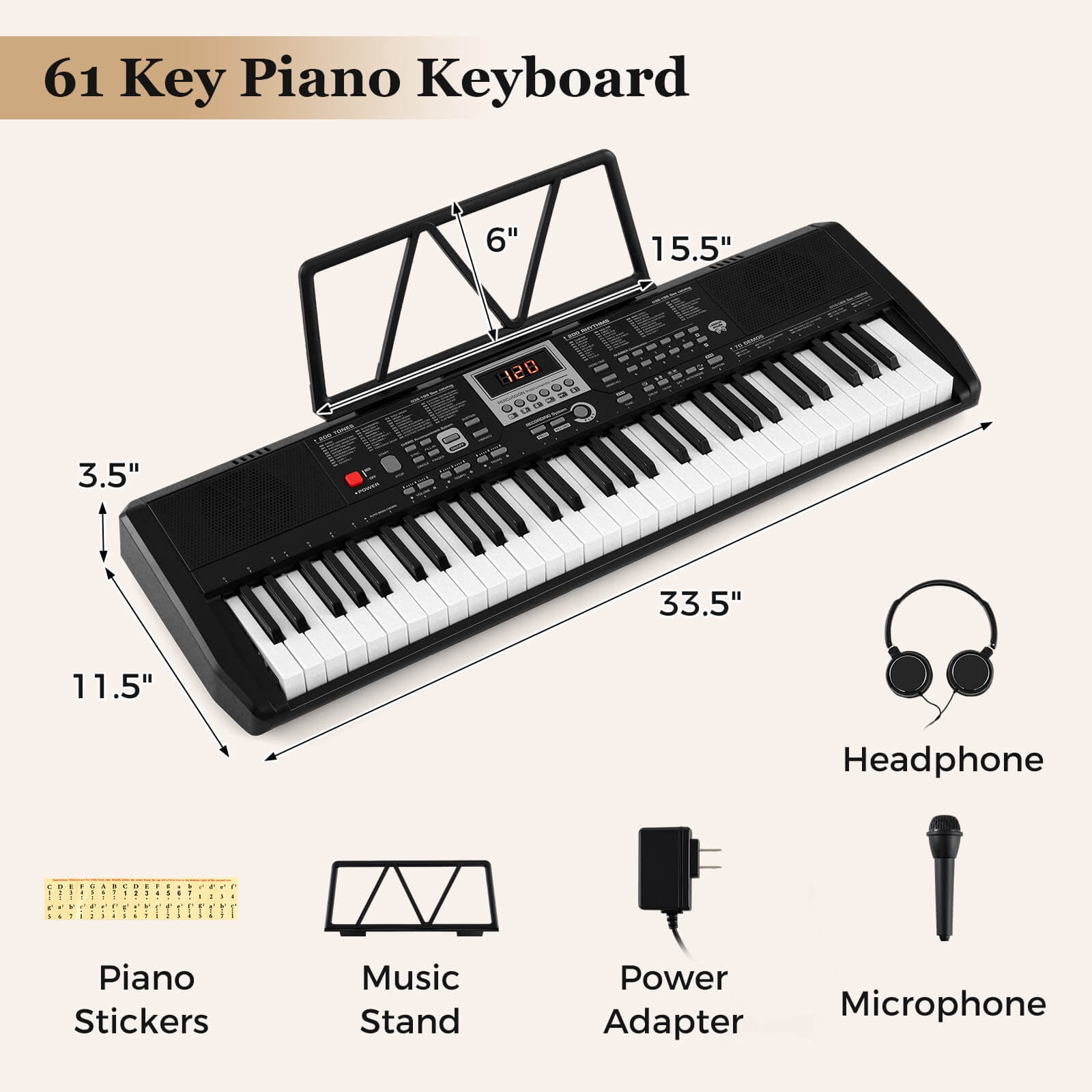 Costway 61 Keys Portable Keyboard with 200 Rhythms 200 Tones 70 Demos Note Sticker, Black