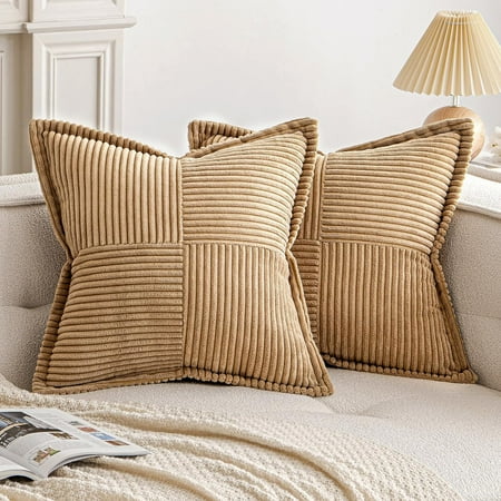 

EMEMA Light Camel Throw Pillow Covers 16x16 Inch Set of 2 Corduroy Decorative Boho Striped with Splicing Textured Farmhouse Home Decor Soft Cushion Cases for Couch Sofa Bed Livingroom