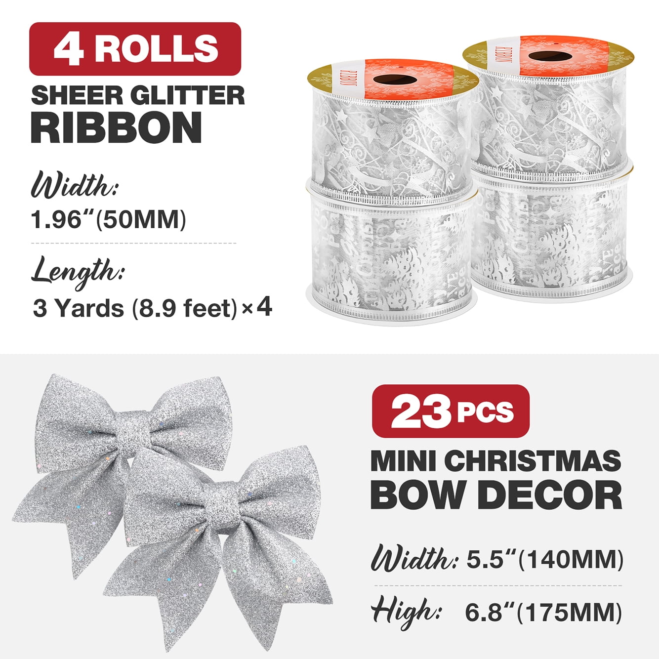 Ayieyill Christmas Bows Tree Decorations, Silver Bows for Christmas Tree, 27Pcs