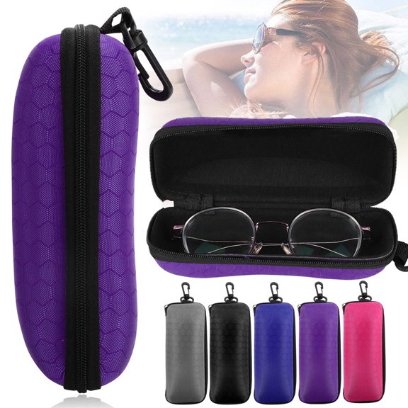 TSV Sunglasses Case, Portable Zipper Glasses Case, Hard Eyeglasses Box, Eyeglass Protector, Portable Travel Zipper Eyeglasses Case, Hard EVA Glasses Holder with Hook (Blue/Purple/Black/Red/Gray)