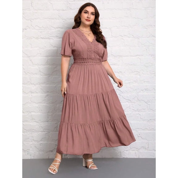 Plus Size Pink V-Neck Short Sleeve Ruched Hem Maxi Dress With Lace Insert Casual Boho Sundress