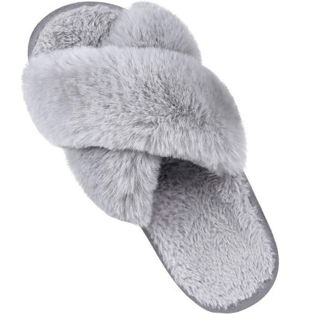 

Litfun Women s Fuzzy Slippers Plush Cross Band Open Toe House Thick Sole Slippers Grey Size 11.5-13