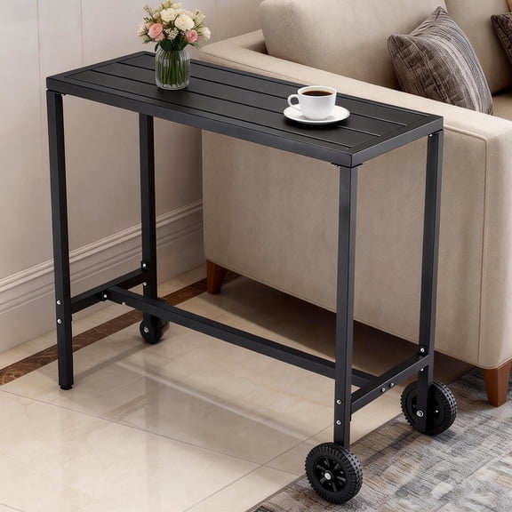 Studyset 39 Inch Rolling Bar Table with Wheels & Adjustable Feet, Outdoor Bar Table, Waterproof Metal Top, Sturdy Black Frame Counter Height Table for Patio, Balcony, Poolside & Indoor Kitchen Use