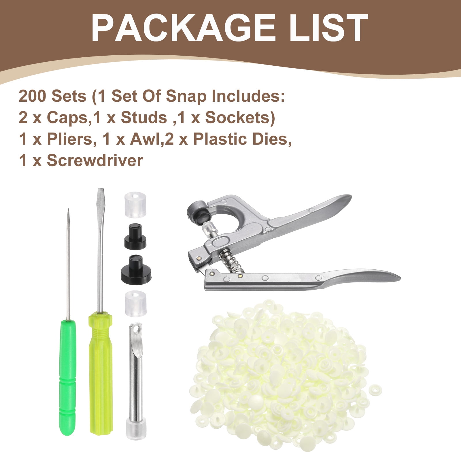 Uxcell Plastic Snaps Fasteners with Snap Pliers, 200 Set T3 Round Resin No-Sew Button Snap Fasteners Kit Cream