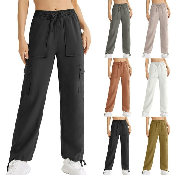 ZZwxWA Cargo Pants for Women Summer Full Length Work Pants Elastic Waist Drawstring Stretch Loose Casual Hiking Pants with Multi Pockets Solid Color