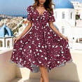 thumbnail image 6 of Smsaxvxz Dresses for Women Fashion Floral Printed V Neck Short Sleeve Bandage Pleated Knee Length Sundress Beach Summer Dresses Purple XL, 6 of 7