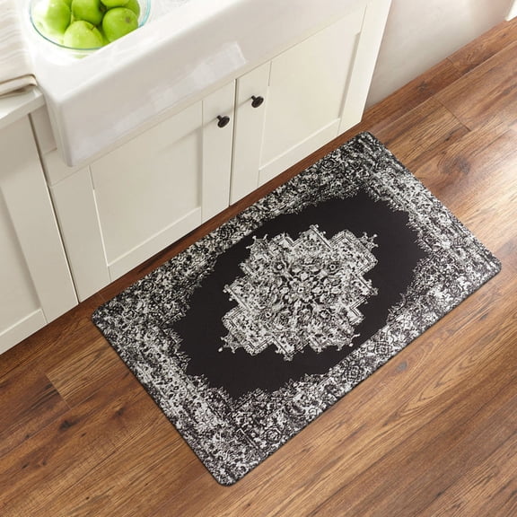 World Rug Gallery Distressed Medallion Cushioned Anti Fatigue Kitchen, Laundry Room, Comfort Indoor Mat, Door Mat - BLACK 18'x30'
