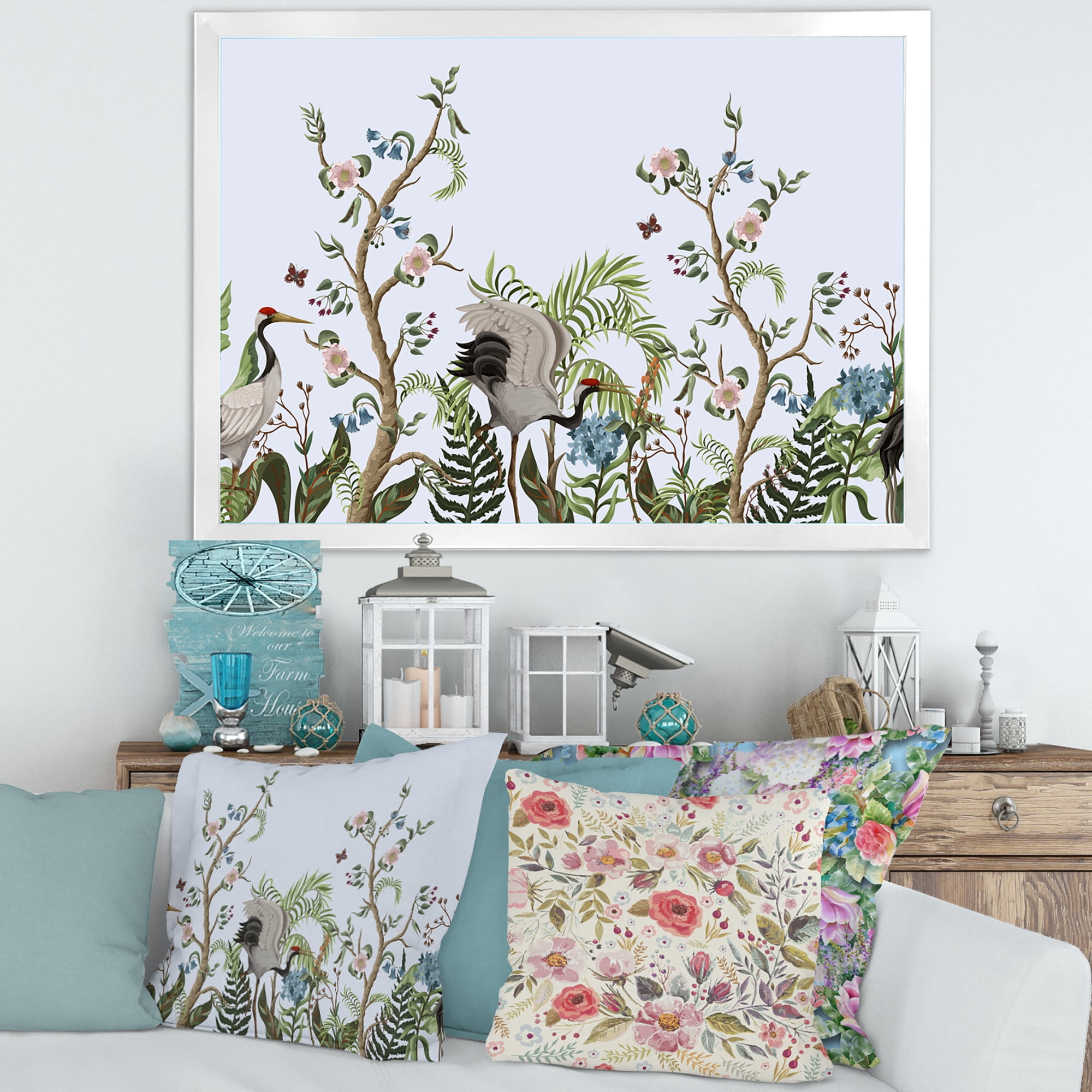 Designart 'Border With Peonies and Cranes In Chinoiserie Style' Traditional Framed Art Print