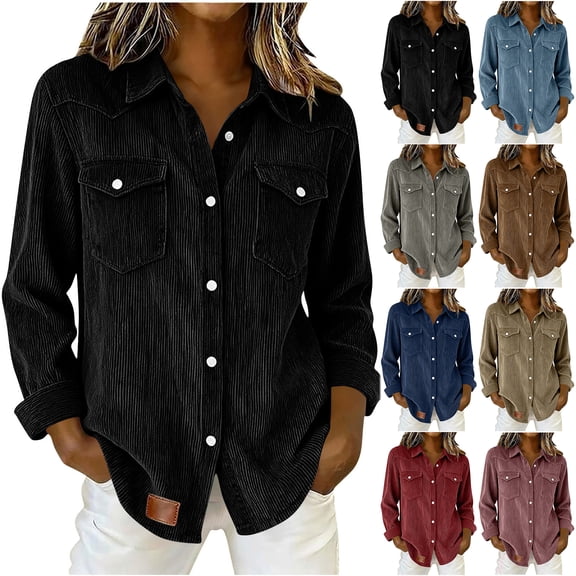 Otntypg Womens Corduroy Shirt Fashion Long Sleeve Button Down Shacket Jackets Trendy Fall Spring Lapel Collar Work Business Shirts with Pockets Blue XL