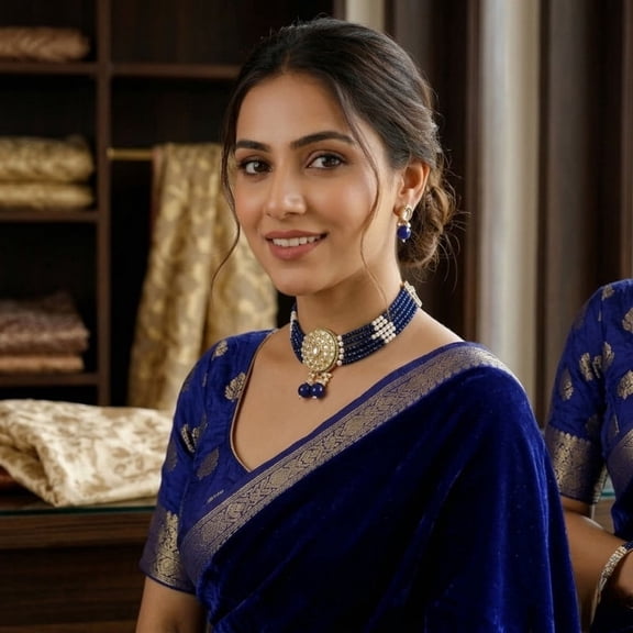 Royal Blue Beaded Kundan Choker Necklace Set for Women | Multi-Strand Blue Bead Choker with Matching Earrings | Traditional Festive & Wedding Jewelry