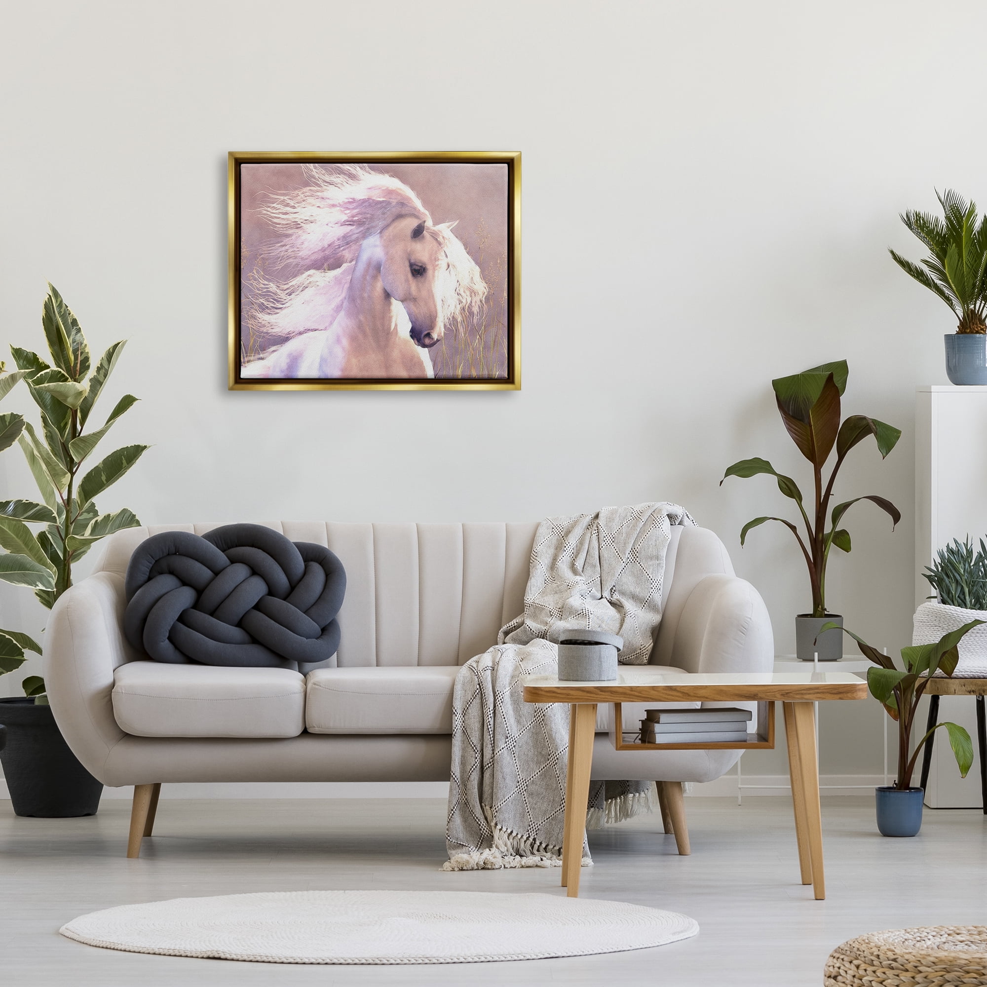 Stupell Industries White Horse in Nature Animals & Insects Painting Gold Floater Framed Canvas Art Print Wall Art, 31 x 25