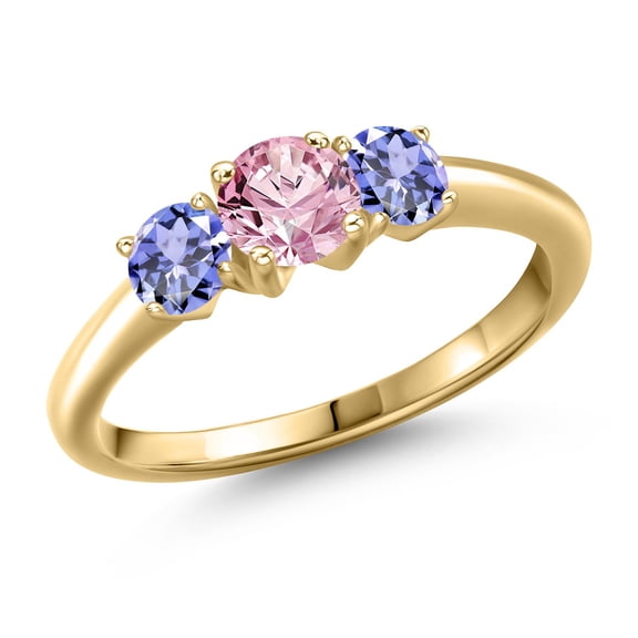 Gem Stone King 10K Yellow Gold Pink Lab Grown Diamond and Blue Tanzanite Engagement Ring for Women | 1.10 Cttw | Round 5MM | Gemstone April Birthstone | Size 7