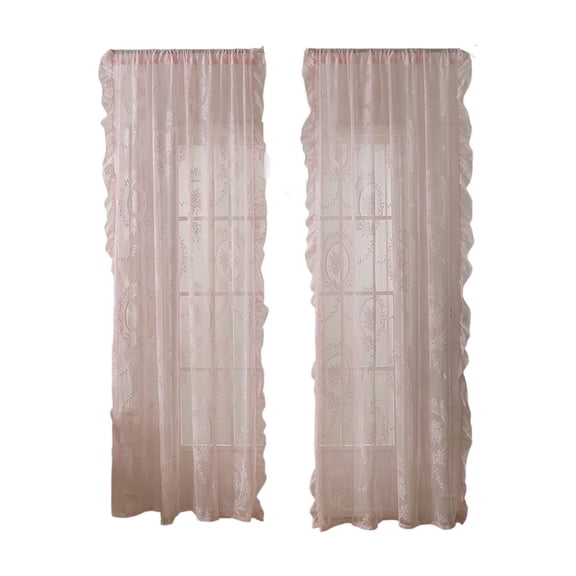 HOARBOEG French Lace Sheer Curtain with Floral Embroidery - Pink Rod Pocket Window Curtains, Light Filtering Semi-Transparent Sheer Curtains with Ruffled Design Home Decor Window Treatment
