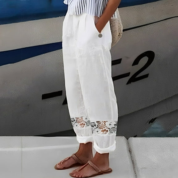 Plus Size Pants Solid Elasticized Plus Size High Waist Ankle Length Harem Pants Casual Pants Women Summer White L