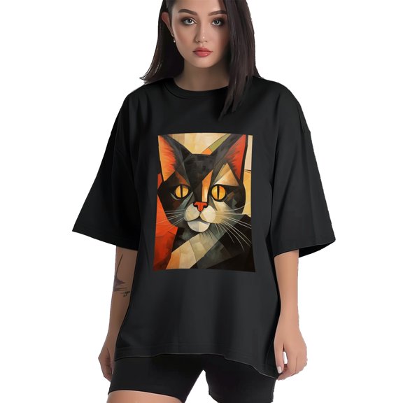 Plus Size Shirt for Women Black Tops for Women Short Sleeves Shirt for Women Cubist Style Cat T Shirt Crewneck Shirt for Women XS