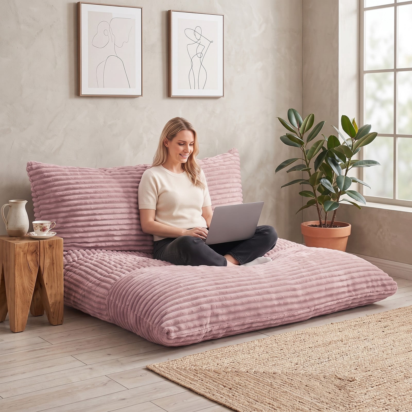 Furnibear Convertible Bean Bag Floor Sofa with Machine-Washable Corduroy Cover, Shredded Foam Lounger Bean Bag Bed for Dorm Living Room Gaming Reading Naps, Pink