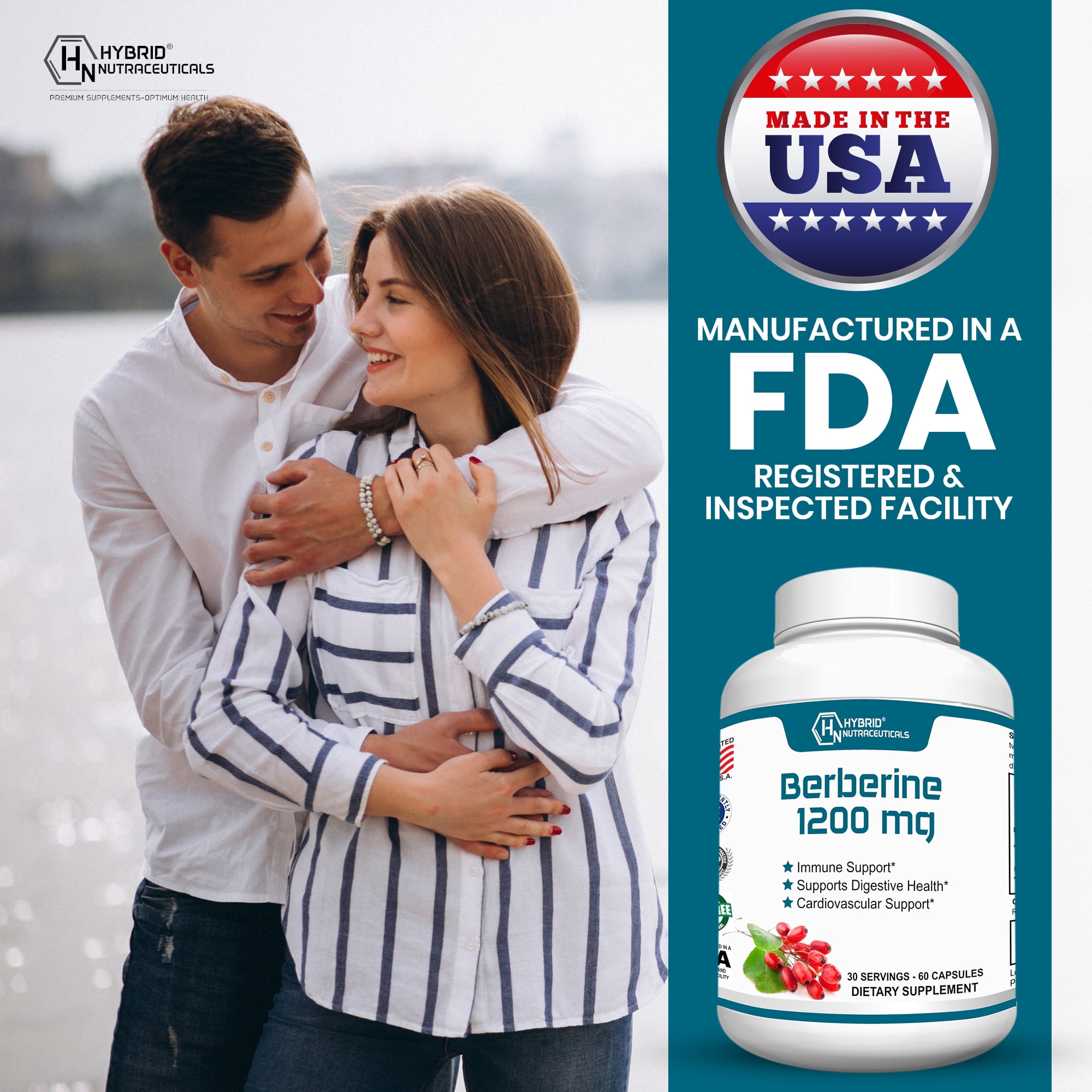 Hybrid Nutraceuticals Berberine 1200mg - Concentrated Berberine HCl Formula - Immune Support, Digestive Support, Healthy Weight - Gluten Free, 60 Capsules