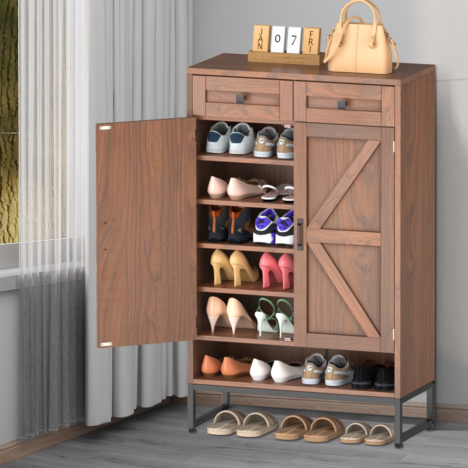 6-Tier Farmhouse StyleShoe Storage Cabinet with Drawer and Doors, Adjustable Shelves, Large Capacity, 52 Inch Tall, Rustic Brown