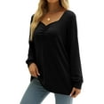 thumbnail image 6 of HAiming Women's V Neck Tops 2025 Trendy Solid Long Sleeve Pleated Tunic Shirts Fall Casual Loose Pullover Blouse, 6 of 9